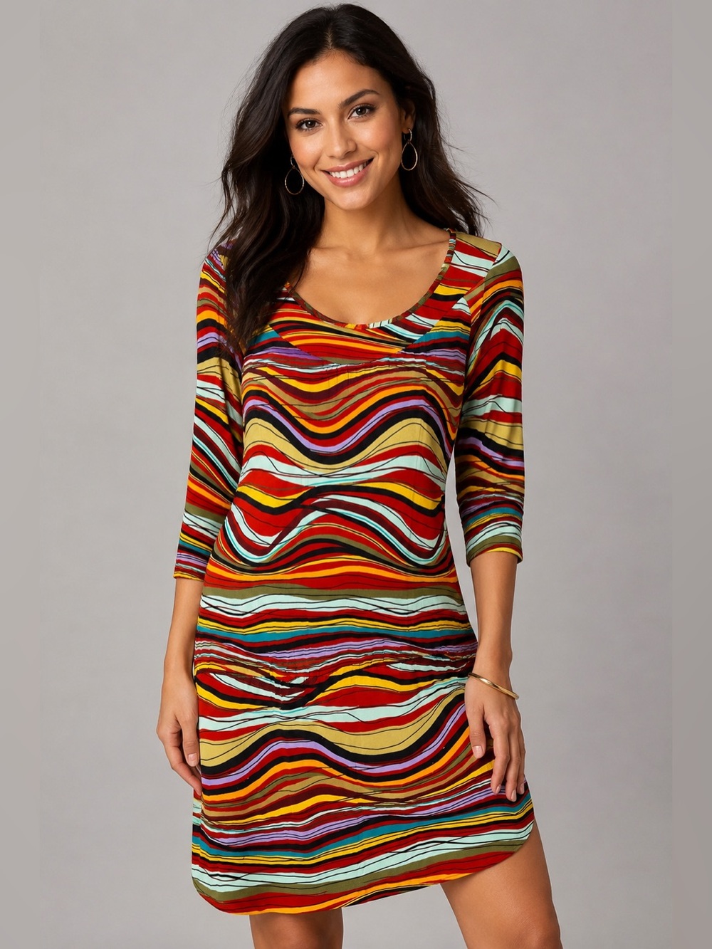 BCBGMAXAZRIA Multicolor Abstract Stripe Knit Dress XS 3/4 Sleeve Stretch Bodycon